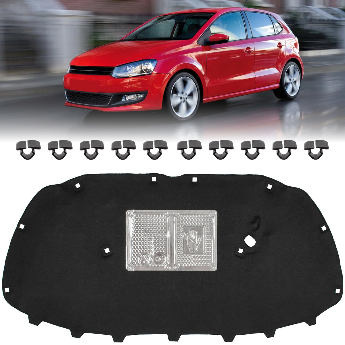 VW Polo V 09-17 wygłuszenie maski silnika z odpromiennikiem ciepła + 10 SPINEK KPL